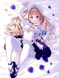 Rule 34 | 1girl, absurdres, arm up, bed sheet, blonde hair, blue eyes, blue footwear, breasts, chestnut mouth, clenched hand, commentary, dress, embarrassed, eyelashes, flower, full body, hat, highres, large breasts, layered skirt, long hair, long sleeves, looking at viewer, lq saku, lying, mary janes, nurse, nurse cap, on back, original, petals, purple flower, purple rose, ringlets, rose, shoes, signature, skirt, solo, thighhighs, white dress, white hat, white thighhighs