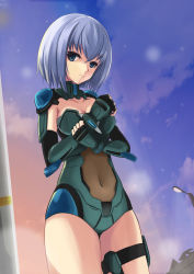 Rule 34 | 10s, 1girl, absurdres, armor, black gloves, blue eyes, blue hair, bracer, breasts, cleavage, closed mouth, cloud, covered navel, cowboy shot, date a live, elbow gloves, expressionless, fingerless gloves, from below, from side, gauntlets, gloves, hair between eyes, highres, hip focus, holding own arm, lamppost, legs together, leotard, looking at viewer, matching hair/eyes, medium breasts, navel, outdoors, pauldrons, see-through, short hair, shoulder armor, silver hair, sky, solo, standing, sunset, thigh strap, thighs, tobiichi origami, turtleneck, zxhautumn