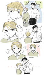 Rule 34 | 1boy, 1girl, adjusting another&#039;s hair, aged down, arrow (symbol), asymmetrical bangs, blonde hair, blush, breasts, clothes grab, collared shirt, comic, dress shirt, embarrassed, fullmetal alchemist, hand in pocket, hand up, height difference, hetero, highres, jellymlk, long sleeves, looking at another, looking at viewer, looking away, medium breasts, own hands together, partially colored, profile, riza hawkeye, roy mustang, scratching head, shirt, short hair, side-by-side, silent comic, sweater, white shirt
