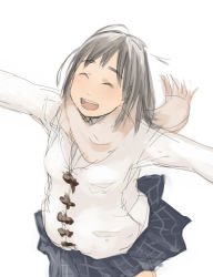 Rule 34 | 1girl, :d, ^ ^, closed eyes, fringe trim, from above, grey hair, jacket, long sleeves, miniskirt, open mouth, original, outstretched arms, plaid, plaid skirt, scarf, simple background, sketch, skirt, smile, solo, spread arms, tamaru tokihiko, white background