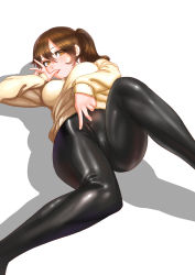 Rule 34 | 10s, 1girl, absurdres, bad id, bad pixiv id, blush, breasts, brown eyes, brown hair, cameltoe, highres, kaga (kancolle), kantai collection, leather, leather pants, licking, licking finger, looking at viewer, lying, on back, pants, side ponytail, solo, sweater, tight clothes, tight pants, zymv587