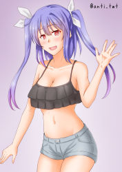 Rule 34 | 1girl, alternate costume, anti (untea9), blue hair, breasts, casual, cleavage, collarbone, commentary request, cowboy shot, crop top, gradient background, grey shorts, hair ribbon, highres, i-19 (kancolle), kantai collection, large breasts, long hair, midriff, purple background, red eyes, ribbon, short shorts, shorts, solo, star-shaped pupils, star (symbol), symbol-shaped pupils, tri tails, twitter username, waving