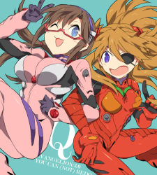 Rule 34 | &gt;:o, 10s, 2girls, :3, :d, :o, angry, aqua background, blue eyes, blush, bodysuit, bracer, breasts, brown hair, clenched hand, copyright name, cowboy shot, english text, evangelion: 3.0 you can (not) redo, eyepatch, floating hair, from side, glasses, gloves, hair between eyes, hair tie, hairband, hand up, happy, hashiko (pecopom), headgear, index finger raised, large breasts, locked arms, long hair, looking at viewer, low twintails, makinami mari illustrious, medium breasts, multiple girls, neon genesis evangelion, one eye closed, open mouth, orange hair, pilot suit, plugsuit, purple eyes, rebuild of evangelion, red-framed eyewear, semi-rimless eyewear, sidelocks, simple background, sitting, smile, souryuu asuka langley, spread legs, tape, turtleneck, twintails, under-rim eyewear, v, v-shaped eyebrows, wavy mouth