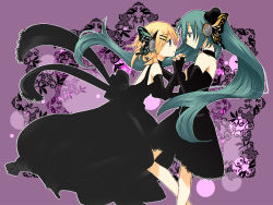 Rule 34 | 2girls, age difference, black dress, blonde hair, blue eyes, butterfly wings, dress, elbow gloves, fingerless gloves, gloves, green eyes, green hair, hair ornament, hairclip, hat, hatsune miku, headphones, insect wings, kagamine rin, long hair, magnet (vocaloid), mini hat, mini top hat, multiple girls, short hair, top hat, twintails, uyuki, uyuki (ouun), vocaloid, wings, yuri