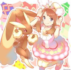 Rule 34 | 1girl, animal ears, blush, brown hair, closed mouth, commentary request, creatures (company), dress, eyelashes, fake animal ears, game freak, gen 4 pokemon, grey eyes, hairband, highres, looking at viewer, lopunny, may (pokemon), may (spring 2021) (pokemon), nintendo, official alternate costume, outline, pantyhose, pink dress, pink footwear, pokemon, pokemon (creature), pokemon masters ex, rabbit ears, rabbit pose, shoes, short sleeves, smile, tudurimike, wrist cuffs, yellow hairband, yellow pantyhose