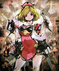 Rule 34 | 1girl, android, artist request, blonde hair, cable, crowbar, cygames, drill, eyes visible through hair, hand saw, joints, mechanical parts, mechanized servant, medium hair, official art, power drill, power tool, red eyes, robot joints, saw, screwdriver, see-through, shadowverse, shingeki no bahamut, smile, solo, tool belt, tools, wrench