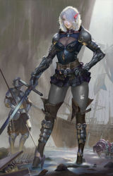 Rule 34 | 1girl, 3boys, absurdres, armor, belt, blue eyes, bodysuit, breasts, cleavage, cleavage cutout, clothing cutout, contrapposto, elf, full body, gluteal fold, hand on own hip, helmet, high heels, highres, horse, looking at viewer, mag (huangmag), medium breasts, medium hair, multiple boys, original, pale skin, pauldrons, pointy ears, rain, revision, sails, ship, shoulder armor, skin tight, smile, spine, standing, sword, torn bodysuit, torn clothes, vambraces, watercraft, weapon, white hair