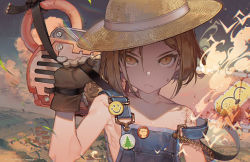 Rule 34 | &gt;:&lt;, 1girl, :&lt;, armpits, artist name, badge, black gloves, blonde hair, brown hat, button badge, chainsaw, character name, closed mouth, cloud, collarbone, commentary request, eyelashes, fate (series), flower, gloves, hat, holding, kawacy, leather, leather gloves, looking at viewer, naked overalls, outdoors, overalls, paul bunyan (fate), paul bunyan (third ascension) (fate), serious, short hair, smiley face, solo, strap slip, straw hat, tsurime, upper body, v-shaped eyebrows, yellow eyes