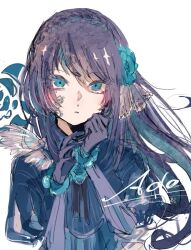 Rule 34 | 1girl, ado (utaite), black gloves, black hair, blue eyes, blue flower, blue rose, braid, chando (ado), character name, cloud nine inc, colored inner hair, commentary, crown braid, floating hair, flower, gloves, hair flower, hair ornament, hane (kakuhane), long hair, long sleeves, looking at viewer, mole, mole under eye, multicolored hair, parted lips, rose, simple background, solo, symbol-only commentary, twitter username, upper body, utaite, white background