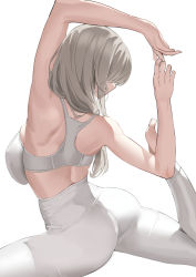 Rule 34 | 1girl, arms up, ass, back, backboob, bare shoulders, barefoot, breasts, from behind, hair over shoulder, high-waist pants, highres, k pring, large breasts, long hair, mature female, pants, silver hair, sports bra, stretching, uzaki-chan wa asobitai!, uzaki tsuki, white background, white pants, white sports bra, yoga pants