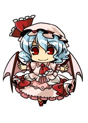 Rule 34 | 1girl, ascot, bat wings, blue hair, chibi, dress, female focus, full body, hat, hat ribbon, outstretched arms, pink dress, red eyes, remilia scarlet, ribbon, short hair, simple background, smile, socha, solo, touhou, transparent background, walking, wings