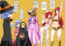 Rule 34 | 6+girls, :d, alternate costume, animal print, arm up, armpits, ascot, bandeau, bare arms, bare shoulders, basket, bikini, black bow, black cloak, black headwear, blonde hair, blouse, blue bow, blue eyes, blue hair, bow, braid, breasts, capelet, center frills, cleavage, clenched hand, cloak, collarbone, commentary request, cowboy shot, cross, demon wings, detached sleeves, dress, facial mark, fake horns, feet out of frame, flandre scarlet, frills, from side, green bow, groin, hair bow, halloween, hand up, hands on another&#039;s shoulders, hard-translated, hat, head wings, high collar, holding, holding basket, hong meiling, horns, horse mask, izayoi sakuya, kneehighs, koakuma, large breasts, leotard, long hair, long sleeves, looking at another, looking at viewer, mask, multiple girls, navel, neck ribbon, nurse cap, one eye closed, oni horns, open mouth, outline, patchouli knowledge, plaid, plaid background, profile, purple capelet, purple dress, purple footwear, purple hair, red bow, red cross, red eyes, red hair, red shirt, remilia scarlet, ribbon, shiraue yuu, shirt, shoes, sideboob, sidelocks, silver hair, smile, socks, speech bubble, squatting, standing, stomach, sweat, swimsuit, thighhighs, thighs, third-party edit, tiger print, touhou, translated, twin braids, very long hair, white legwear, white leotard, white outline, white ribbon, wide sleeves, wings, witch hat, yellow background, yellow bikini, yellow legwear