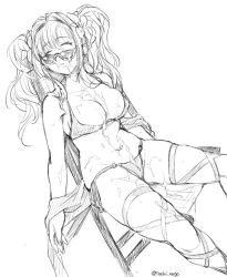 Rule 34 | 1girl, bare shoulders, bikini, breasts, chair, closed eyes, collarbone, cum, cum on body, cum on lower body, facial, flower, granblue fantasy, greyscale, hair flower, hair intakes, hair ornament, large breasts, monochrome, navel, simple background, sitting, sketch, solo, sunglasses, swimsuit, tachikawa negoro, twintails, twitter username, white background, zeta (granblue fantasy)