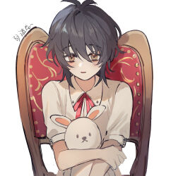 Rule 34 | 1boy, absurdres, black hair, blush, bow, bowtie, brown eyes, chair, highres, looking at viewer, male focus, multicolored hair, open mouth, red bow, red bowtie, shirt, short hair, short sleeves, sitting, slow damage, smile, solo, stuffed animal, stuffed rabbit, stuffed toy, towa (slow damage), white shirt, yumi (honey)