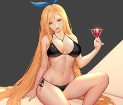 Rule 34 | 1girl, alcohol, arm support, bare arms, bare shoulders, bikini, black bikini, blonde hair, blue eyes, breasts, cleavage, commission, cup, drink, drinking glass, glint, hair between eyes, hair ribbon, halterneck, halterneck, highres, holding, holding cup, jewelry, large breasts, long hair, looking at viewer, navel, necklace, original, parted lips, ribbon, side-tie bikini bottom, sitting, siun, skindentation, smile, solo, stomach, swimsuit, thighs, two-tone background, very long hair, wine, wine glass