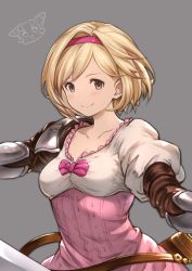 Rule 34 | 1girl, arm armor, armor, blonde hair, blush, breasts, brown eyes, closed mouth, collarbone, djeeta (granblue fantasy), dress, gauntlets, granblue fantasy, grey background, hairband, holding, holding weapon, kiikii (kitsukedokoro), looking at viewer, portrait, short hair, simple background, small breasts, smile, solo, sword, upper body, weapon