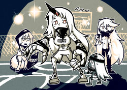 Rule 34 | 4girls, ball, basketball, basketball (object), basketball court, basketball hoop, basketball uniform, character request, claws, commentary, covered mouth, headband, height difference, horns, kantai collection, limited palette, long hair, multiple girls, northern ocean princess, playing sports, red eyes, referee, seaport princess, setz, shorts, single horn, sportswear, very long hair