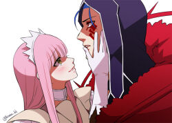 Rule 34 | 1boy, 1girl, blue hair, blush, cu chulainn (fate), cu chulainn alter (fate), facial mark, fate/grand order, fate (series), gloves, hairband, hand on another&#039;s face, hood, hood up, kaidou j1, long hair, looking at another, medb (fate), parted lips, pink hair, red eyes, simple background, twitter username, white background, white gloves, white hairband, yellow eyes