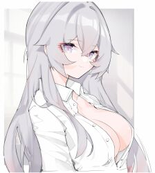 Rule 34 | 1girl, absurdres, breasts, bronya zaychik, bronya zaychik (silverwing: n-ex), closed mouth, collared shirt, error1980, from side, grey eyes, grey hair, hair between eyes, highres, honkai (series), honkai impact 3rd, large breasts, long hair, looking at viewer, looking to the side, partially unbuttoned, red pupils, shirt, solo, upper body, white shirt