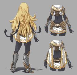 Rule 34 | 1girl, armor, armored boots, blonde hair, bodysuit, boots, butt crack, unworn cape, detail, from behind, full body, gauntlets, grey background, hairband, hushabye, league of legends, long hair, lux (league of legends), miniskirt, scarf, skirt, solo