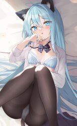 Rule 34 | 1girl, :o, animal ear fluff, animal ears, bed sheet, black skirt, blue bra, blue eyes, blue hair, blue nails, blush, bow, bra, breasts, brown pantyhose, cat ears, cat girl, cat tail, collared shirt, commentary request, dress shirt, fang, feet out of frame, front-hook bra, grey bow, hair between eyes, hand up, knees together feet apart, knees up, long sleeves, looking at viewer, lying, medium breasts, nail polish, on back, open bra, open clothes, open shirt, original, panties, panties under pantyhose, pantyhose, parted lips, plaid, plaid bow, pleated skirt, saeki sora, shirt, skirt, unworn skirt, solo, tail, thighband pantyhose, underwear, white panties, white shirt