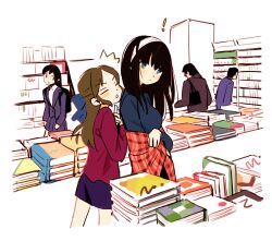 Rule 34 | !, 2girls, ^^^, age difference, black hair, blue bow, blue eyes, book, book stack, bookstore, bow, brown hair, bumping, closed eyes, closed mouth, dot nose, feet out of frame, hair between eyes, hair bow, hairband, half updo, hand up, hands up, height difference, highres, holding, idolmaster, idolmaster cinderella girls, indoors, iwashi iwashimo, long hair, long sleeves, multiple girls, parted lips, people, plaid shawl, purple skirt, red shawl, sagisawa fumika, shawl, shop, skirt, standing, tachibana arisu, triangle mouth, white hairband