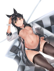 Rule 34 | 1girl, 99yoonjoo, :q, absurdres, alternate costume, animal ears, atago (azur lane), atago (stunning speedster) (azur lane), azur lane, bikini, black bikini, black hair, black thighhighs, blush, breasts, brown eyes, checkered flag, closed mouth, extra ears, flag, hair ribbon, hand on own hip, highres, jacket, large breasts, logo, long hair, looking at viewer, mole, mole under eye, navel, race queen, ribbon, salute, shrug (clothing), sleeve cuffs, smile, solo, stomach, swept bangs, swimsuit, thighhighs, thighs, tongue, tongue out, white jacket, white ribbon