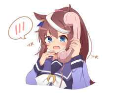 Rule 34 | 1girl, animal ears, arm up, blue eyes, blush, bow, brown hair, commentary, corded phone, cropped torso, double-parted bangs, hair between eyes, hair bow, hand up, high ponytail, holding, holding phone, horse ears, horse girl, long sleeves, looking at viewer, multicolored hair, phone, pink bow, purple serafuku, purple shirt, purple sweater vest, school uniform, serafuku, shirt, sidelocks, simple background, solo, sound effects, spoken blush, streaked hair, sweater vest, tokai teio (umamusume), tsukimi (rivia), umamusume, white background, white bow, white hair