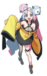 1girl bare_shoulders blue_hair blush bow-shaped_hair breasts character_hair_ornament creatures_(company) full_body game_freak hair_ornament highres iono_(pokemon) jacket light_blue_hair long_hair long_sleeves looking_at_viewer low_twintails multicolored_hair mx2j nintendo off_shoulder open_clothes open_jacket open_mouth pantyhose pink_hair pokemon pokemon_sv purple_eyes sharp_teeth sleeves_past_fingers sleeves_past_wrists small_breasts smile solo split-color_hair teeth twintails yellow_jacket