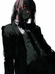 Rule 34 | 1girl, 96yottea, absurdres, black hair, black necktie, blunt bangs, blush, braid, business suit, candy, chainsaw man, cowboy shot, crazy eyes, food, formal, hair between eyes, highres, jacket, lollipop, long hair, looking at viewer, looking down, makima (chainsaw man), messy hair, monochrome, necktie, open clothes, open jacket, red eyes, shaded face, shadow, shirt, sidelocks, simple background, single braid, solo, suit, swirl lollipop, white background, white shirt