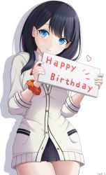 Rule 34 | 1girl, artist name, black hair, black skirt, blue eyes, blush, brown scrunchie, closed mouth, collared shirt, commentary request, drop shadow, gridman universe, happy birthday, heart, highres, holding, holding sign, jacket, keenh, long hair, long sleeves, looking at viewer, pleated skirt, scrunchie, shirt, sign, signature, skirt, smile, solo, ssss.gridman, takarada rikka, white background, white jacket, white shirt, wrist scrunchie