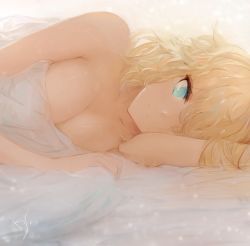 Rule 34 | 1girl, bad id, bad pixiv id, bare arms, bare shoulders, blanket, blonde hair, blue eyes, breasts, closed mouth, commentary request, fate/apocrypha, fate (series), highres, jeanne d&#039;arc (fate), jeanne d&#039;arc (ruler) (fate), kisei2, large breasts, looking at viewer, lying, on bed, on side, smile, solo
