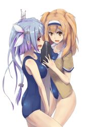 Rule 34 | 10s, 2girls, between breasts, blue hair, breasts, brown eyes, clothes writing, fang, hair ribbon, hairband, i-19 (kancolle), i-26 (kancolle), ichiman nisen yen, kantai collection, large breasts, light brown hair, long hair, looking at viewer, multiple girls, name tag, new school swimsuit, one-piece swimsuit, open mouth, red eyes, ribbon, sailor collar, school swimsuit, short sleeves, smile, swimsuit, swimsuit under clothes, torpedo, twintails, two-tone hairband, two side up