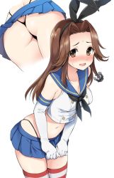 Rule 34 | 1girl, anchor hair ornament, ass, black panties, blush, brown eyes, brown hair, butt crack, cosplay, covering crotch, covering privates, cowboy shot, crop top, elbow gloves, embarrassed, eyes visible through hair, gloves, hair ornament, jintsuu (kancolle), kantai collection, miniskirt, multiple views, navel, open mouth, panties, plum (arch), sailor collar, sakura ayane, shimakaze (kancolle), shimakaze (kancolle) (cosplay), simple background, skirt, smile, striped clothes, striped legwear, striped thighhighs, sweat, thighhighs, thong, underwear, voice actor connection, white background