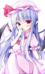 Rule 34 | 1girl, alternate hair length, alternate hairstyle, arched back, arm up, ascot, bat wings, blue hair, blush, brooch, commentary request, covering own mouth, cowboy shot, hair between eyes, hat, hat ribbon, head tilt, heart, highres, holding, holding own hair, jewelry, long hair, mob cap, pink hat, pink shirt, pink skirt, pointy ears, puffy short sleeves, puffy sleeves, red ascot, red eyes, remilia scarlet, ribbon, sabana, shirt, short sleeves, sidelocks, simple background, skirt, solo, standing, touhou, very long hair, white background, wings