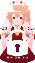 Rule 34 | 1girl, annoyed, ascot, blonde hair, closed mouth, flandre scarlet, frown, hair between eyes, highres, lock, looking at viewer, fake phone screenshot, pointy ears, pout, puffy short sleeves, puffy sleeves, red eyes, red skirt, red vest, shirt, short hair, short sleeves, side ponytail, simple background, skirt, solo, standing, touhou, vest, wings, yellow ascot, yoruny