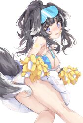 Rule 34 | 1girl, animal ears, bare legs, black hair, blue archive, blush, dog ears, dog girl, dog tail, goggles, hibiki (blue archive), hibiki (cheer squad) (blue archive), hong le le, long hair, looking at viewer, midriff, miniskirt, open mouth, panties, simple background, skirt, solo, star (symbol), sweat, tail, thighs, underwear, white background, white panties