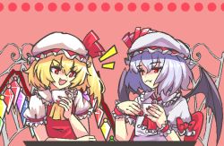 Rule 34 | 2girls, bat wings, blonde hair, blue hair, bow, chained tan, cup, fang, fang out, flandre scarlet, holding, holding cup, multiple girls, nail polish, open mouth, red bow, red nails, remilia scarlet, short hair, siblings, sisters, sitting, teacup, touhou, v-shaped eyebrows, vampire, white headwear, wings, wrist cuffs