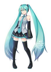 Rule 34 | 1girl, aii taii, aqua eyes, aqua hair, aqua nails, aqua necktie, boots, breasts, commentary, derivative work, detached sleeves, english commentary, full body, hatsune miku, headset, highres, long hair, miniskirt, necktie, pleated skirt, shirt, skirt, sleeveless, sleeveless shirt, sleeves past wrists, small breasts, smile, solo, thigh boots, thighhighs, transparent background, twintails, twitter username, very long hair, vocaloid, vocaloid boxart pose, watermark, zettai ryouiki