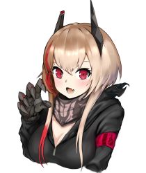 Rule 34 | 1girl, armband, bandana, black jacket, blush, breasts, cleavage, commentary request, fang, girls&#039; frontline, hair between eyes, hako reeema, headgear, highres, jacket, long hair, looking at viewer, m4 sopmod ii (girls&#039; frontline), mechanical arms, medium breasts, multicolored hair, open mouth, pink hair, red eyes, red hair, single mechanical arm, solo, streaked hair, upper body, white background, zipper