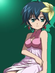 Rule 34 | 00s, 1girl, ahoge, arm at side, awa, bare arms, bare shoulders, black hair, breasts, cleavage cutout, closed mouth, clothing cutout, cowboy shot, crop top, crossed bangs, earrings, expressionless, flower, gradient background, green eyes, green hair, hair flower, hair ornament, high-waist skirt, jaggy lines, jewelry, kirarin revolution, kirisawa aoi, looking at viewer, lowres, matching hair/eyes, medium breasts, oekaki, pink skirt, short hair, sitting, skirt, sleeveless, solo