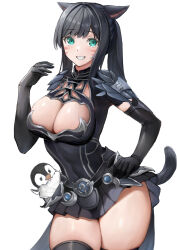 Rule 34 | 1girl, animal ears, asymmetrical bangs, bird, black dress, black gloves, black hair, black skirt, blush, breast cutout, breasts, cat ears, cat girl, cat tail, cleavage, commission, cowboy shot, dress, elbow gloves, facial mark, final fantasy, final fantasy xiv, gloves, green eyes, hand on own hip, highres, large breasts, long hair, looking at viewer, miniskirt, miqo&#039;te, parted lips, penguin, pleated skirt, sidelocks, simple background, skeb commission, skindentation, skirt, solo, swept bangs, tail, thighs, torisanff14, warrior of light (ff14), whisker markings, white background