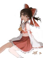 Rule 34 | 1girl, ascot, bare shoulders, bow, brown hair, crop top, cropped shirt, detached sleeves, feet out of frame, frilled bow, frilled hair tubes, frilled shirt collar, frilled skirt, frills, hair between eyes, hair bow, hair tubes, hakurei reimu, highres, invisible chair, long hair, looking at viewer, midriff, navel, orange ascot, orange eyes, parted lips, ponytail, red bow, red shirt, red skirt, ribbon-trimmed sleeves, ribbon trim, shirt, sidelocks, simple background, sitting, skirt, sleeves past fingers, sleeves past wrists, solo, touhou, white background, white sleeves, yamiiv
