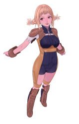 Rule 34 | 1girl, blonde hair, boots, braid, breasts, brown eyes, brown footwear, closed mouth, conto, final fantasy, final fantasy xii, full body, highres, lips, looking to the side, medium breasts, penelo, simple background, smile, solo, standing, twin braids, white background
