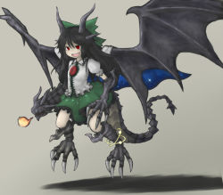 Rule 34 | 1girl, alternate weapon, arm cannon, bahamut (final fantasy), black hair, bow, cape, crossover, dragon, dragon girl, dragon wings, final fantasy, fusion, hair bow, hair ribbon, horns, long hair, monster girl, nice (artist), parody, red eyes, reiuji utsuho, ribbon, scales, solo, the iron of yin and yang, touhou, weapon, wings