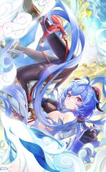 Rule 34 | 1girl, ahoge, bell, black gloves, black pantyhose, blue hair, bodystocking, breasts, chinese knot, cowbell, detached sleeves, falling, flower knot, ganyu (genshin impact), genshin impact, gloves, goat horns, gold trim, highres, horns, legs up, leotard, leotard under clothes, long hair, long sleeves, looking at viewer, medium breasts, mountain, neck bell, okkobc, pantyhose, purple eyes, solo, tassel, thighlet, thighs, torn bodystocking, torn clothes, vision (genshin impact), white sleeves
