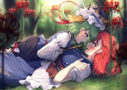 Rule 34 | 2girls, blue eyes, blurry, blurry background, blurry foreground, blush, breasts, commentary request, depth of field, eye contact, face-to-face, flower, grass, green hair, hair bobbles, hair ornament, hajin, hat, highres, juliet sleeves, large breasts, long sleeves, looking at another, lying, lying on person, medium hair, multiple girls, on back, on grass, onozuka komachi, open mouth, puffy short sleeves, puffy sleeves, red eyes, red hair, ribbon, rod of remorse, shiki eiki, short hair, short sleeves, skirt, spider lily, sweatdrop, touhou, two side up
