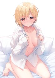Rule 34 | 1girl, barefoot, bed sheet, blonde hair, breasts, closed mouth, collared shirt, commentary request, commission, dress shirt, gluteal fold, groin, hair between eyes, hands up, highres, long sleeves, looking at viewer, medium breasts, naked shirt, original, pillow, pixiv commission, red eyes, sacraneco, shirt, simple background, sleeves past wrists, smile, solo, white background