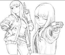 Rule 34 | 1girl, :/, aiming, belt, breasts, chinese commentary, commentary request, contrapposto, finger on trigger, greyscale, gun, hand on own hip, holding, holding gun, holding weapon, kiruko (tengoku daimakyou), long bangs, long hair, medium breasts, monochrome, one eye closed, pants, sketch, smile, solipsist, solo, tengoku daimakyou, v-shaped eyebrows, weapon