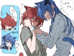 Rule 34 | 2girls, :3, animal ears, arknights, blue eyes, blue hair, blush, cat ears, cat girl, cat tail, closed eyes, closed mouth, commentary, demon horns, earclip, exusiai (arknights), grey shirt, hair between eyes, hands on another&#039;s cheeks, hands on another&#039;s face, highres, horns, kemonomimi mode, long hair, mostima (arknights), multiple girls, na tarapisu153, parted lips, red eyes, red hair, shirt, short hair, short sleeves, sidelocks, smug, tail, translation request, white shirt, yuri
